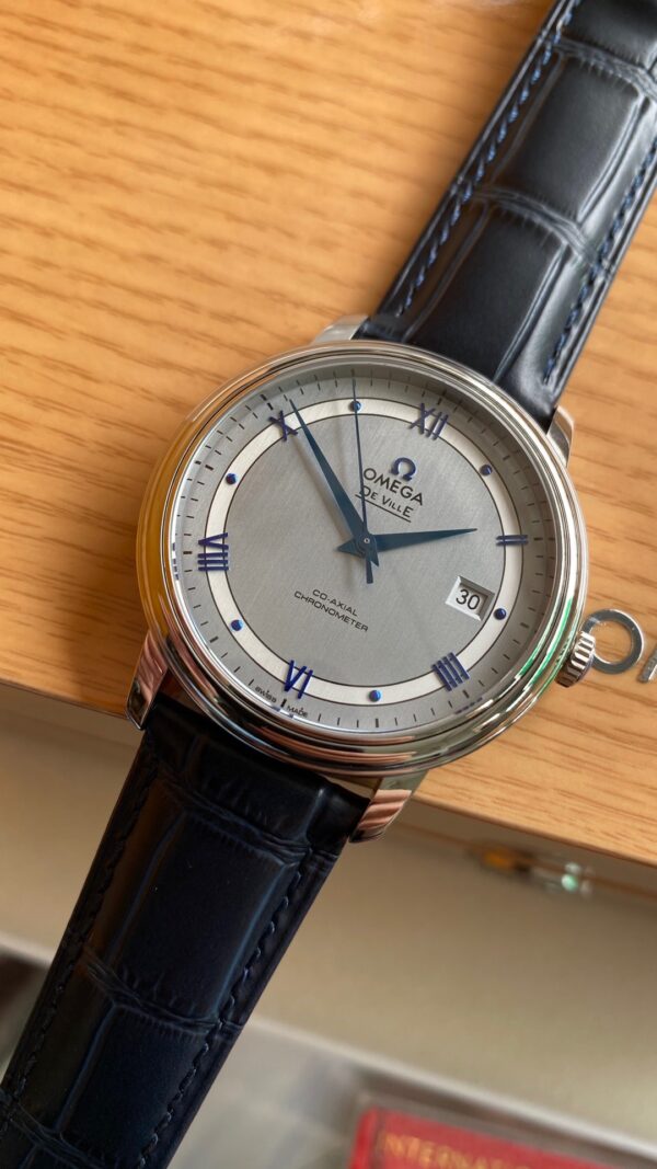 OMEGA De Ville Prestige 39.5mm SS A+ Factory 1:1 Best Edition White Dial Blue Markers on Blue Leather Strap A2500 - Best Replica Watches Store For Sale!