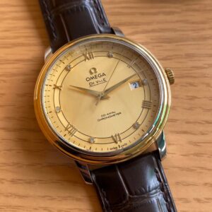 OMEGA De Ville Prestige 39.5mm YG/SS A+ Factory 1:1 Best Edition Yellow Dial YG Markers on Brown Leather Strap A2500 - Best Replica Watches Store For Sale!