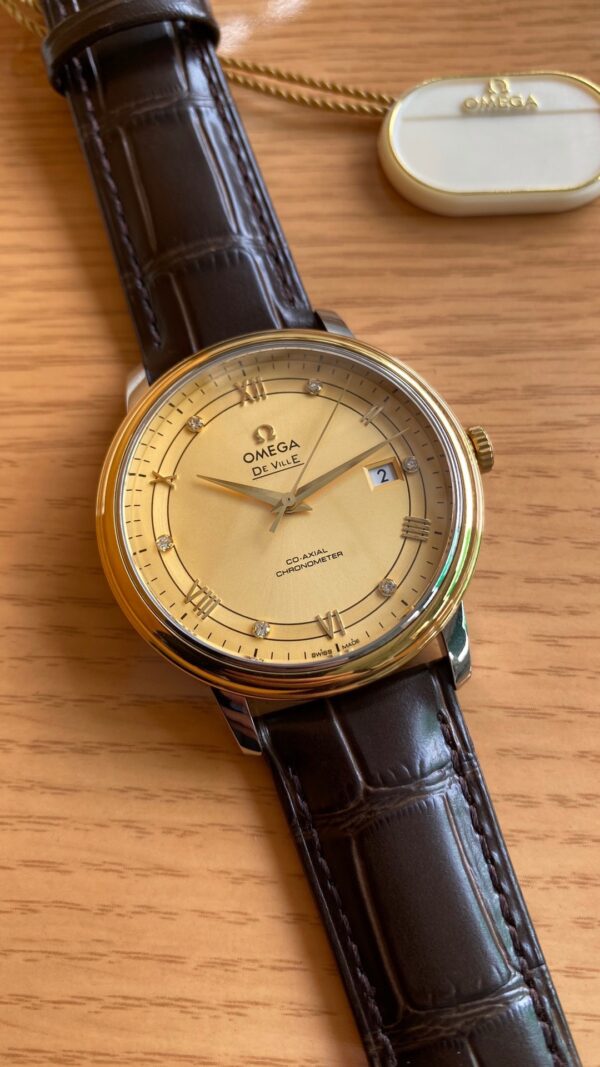 OMEGA De Ville Prestige 39.5mm YG/SS A+ Factory 1:1 Best Edition Yellow Dial YG Markers on Brown Leather Strap A2500 - Best Replica Watches Store For Sale!