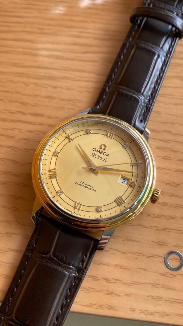 OMEGA De Ville Prestige 39.5mm YG/SS A+ Factory 1:1 Best Edition Yellow Dial YG Markers on Brown Leather Strap A2500 - Best Replica Watches Store For Sale!