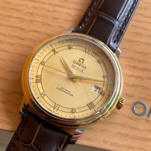 OMEGA De Ville Prestige 39.5mm YG/SS A+ Factory 1:1 Best Edition Yellow Dial YG Markers on Brown Leather Strap A2500 - Best Replica Watches Store For Sale!