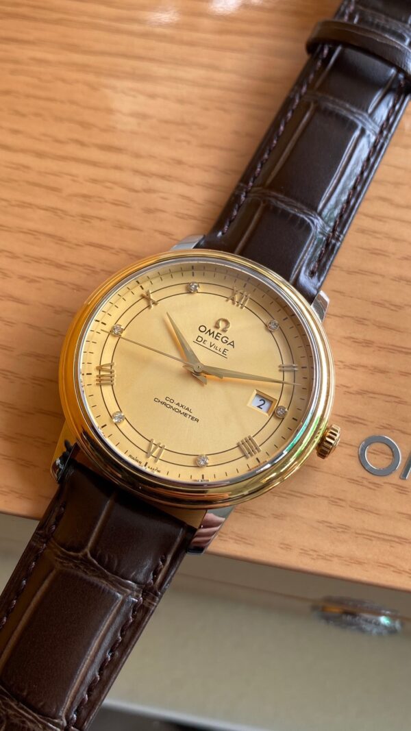 OMEGA De Ville Prestige 39.5mm YG/SS A+ Factory 1:1 Best Edition Yellow Dial YG Markers on Brown Leather Strap A2500 - Best Replica Watches Store For Sale!