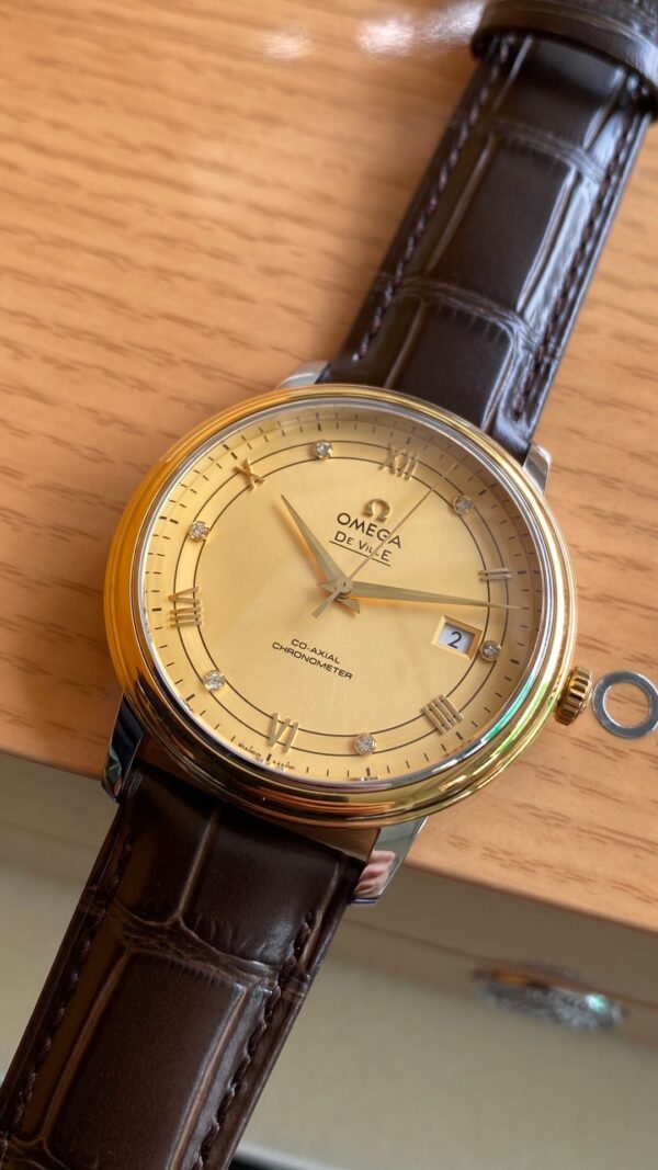 OMEGA De Ville Prestige 39.5mm YG/SS A+ Factory 1:1 Best Edition Yellow Dial YG Markers on Brown Leather Strap A2500 - Best Replica Watches Store For Sale!