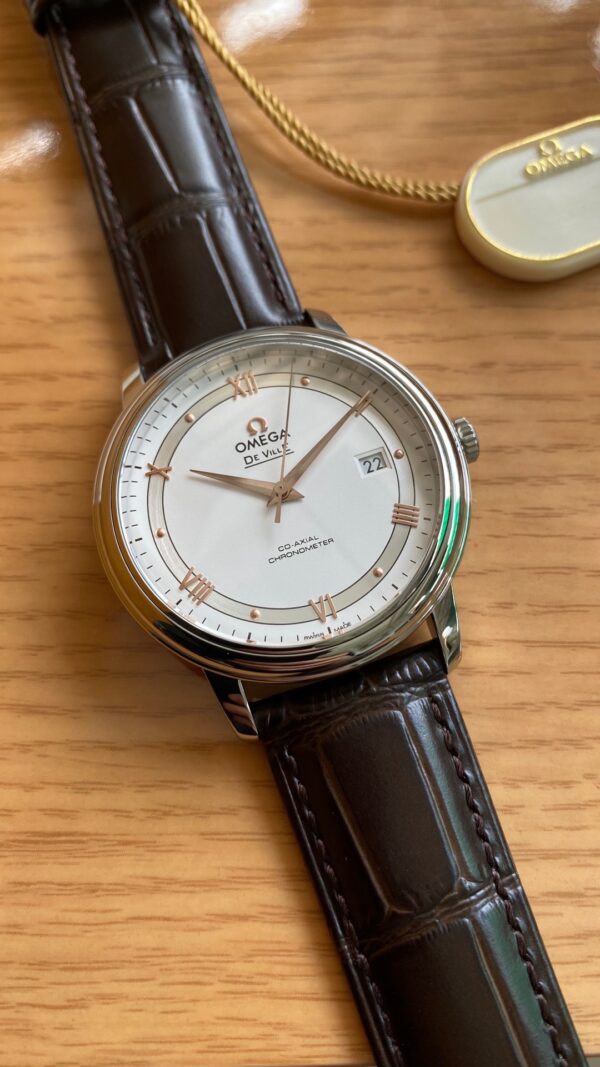 OMEGA De Ville Prestige 39.5mm RG/SS A+ Factory 1:1 Best Edition White Dial RG Markers on Brown Leather Strap A2500 - Best Replica Watches Store For Sale!