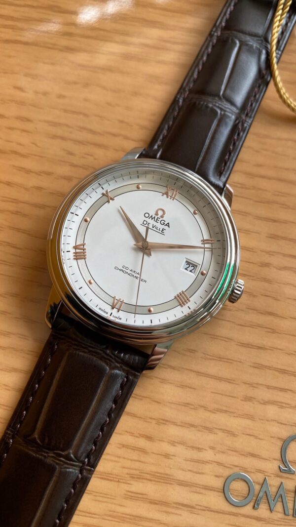 OMEGA De Ville Prestige 39.5mm RG/SS A+ Factory 1:1 Best Edition White Dial RG Markers on Brown Leather Strap A2500 - Best Replica Watches Store For Sale!