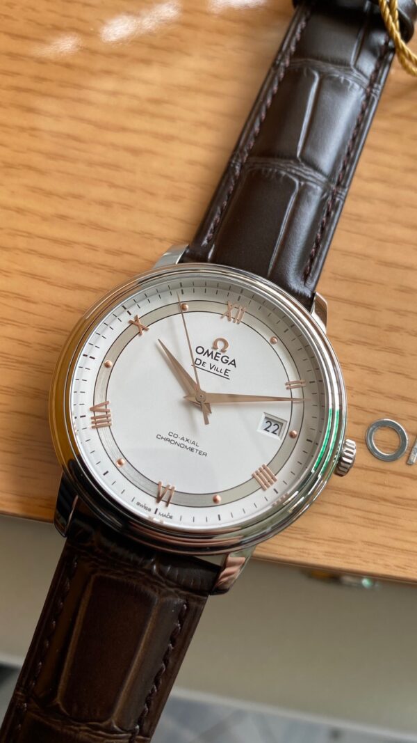 OMEGA De Ville Prestige 39.5mm RG/SS A+ Factory 1:1 Best Edition White Dial RG Markers on Brown Leather Strap A2500 - Best Replica Watches Store For Sale!