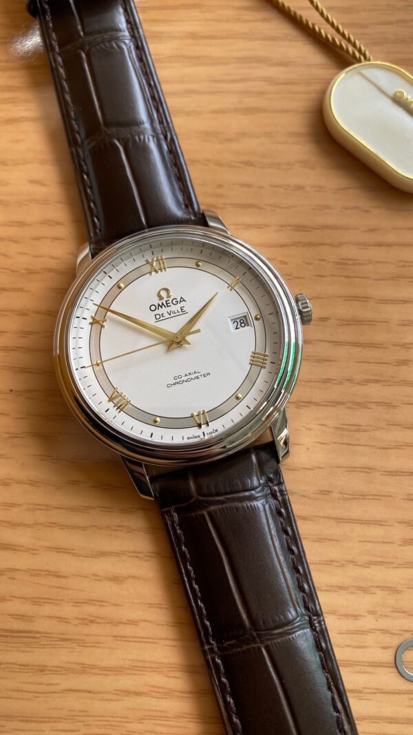 OMEGA De Ville Prestige 39.5mm YG/SS A+ Factory 1:1 Best Edition White Dial YG Markers on Brown Leather Strap A2500 - Best Replica Watches Store For Sale!