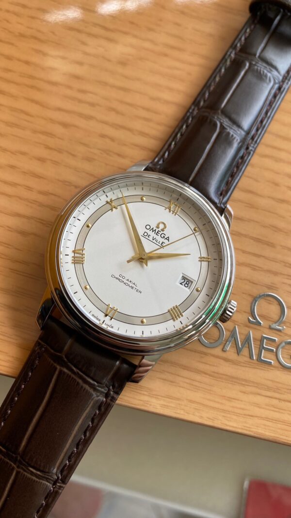 OMEGA De Ville Prestige 39.5mm YG/SS A+ Factory 1:1 Best Edition White Dial YG Markers on Brown Leather Strap A2500 - Best Replica Watches Store For Sale!