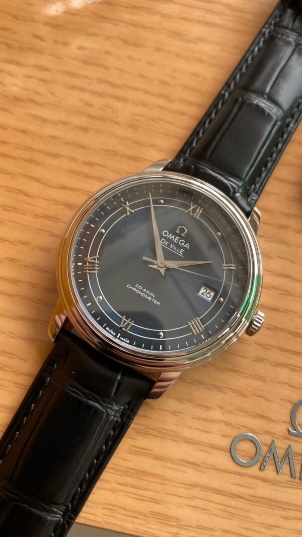 OMEGA De Ville Prestige 39.5mm SS A+ Factory 1:1 Best Edition Black Dial Sliver Markers on Black Leather Strap A2500 - Best Replica Watches Store For Sale!