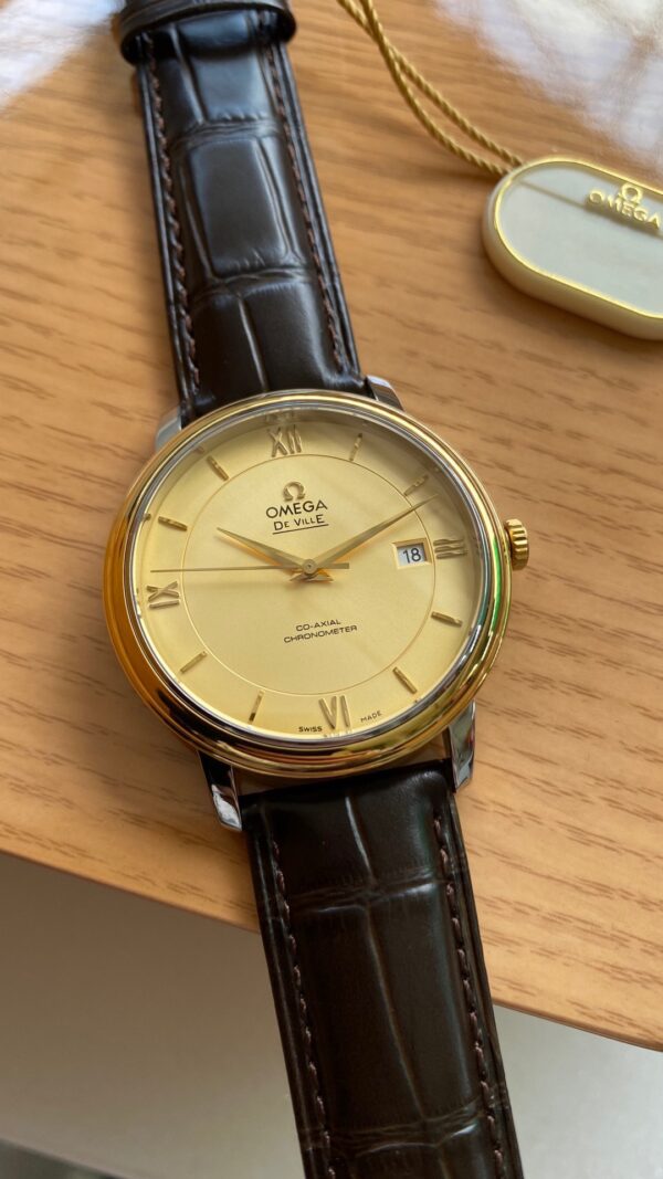 OMEGA De Ville Prestige 39.5mm YG/SS A+ Factory 1:1 Best Edition Yeoolw Dial YG Markers on Brown Leather Strap A2500 - Best Replica Watches Store For Sale!