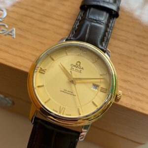 OMEGA De Ville Prestige 39.5mm YG/SS A+ Factory 1:1 Best Edition Yeoolw Dial YG Markers on Brown Leather Strap A2500 - Best Replica Watches Store For Sale!