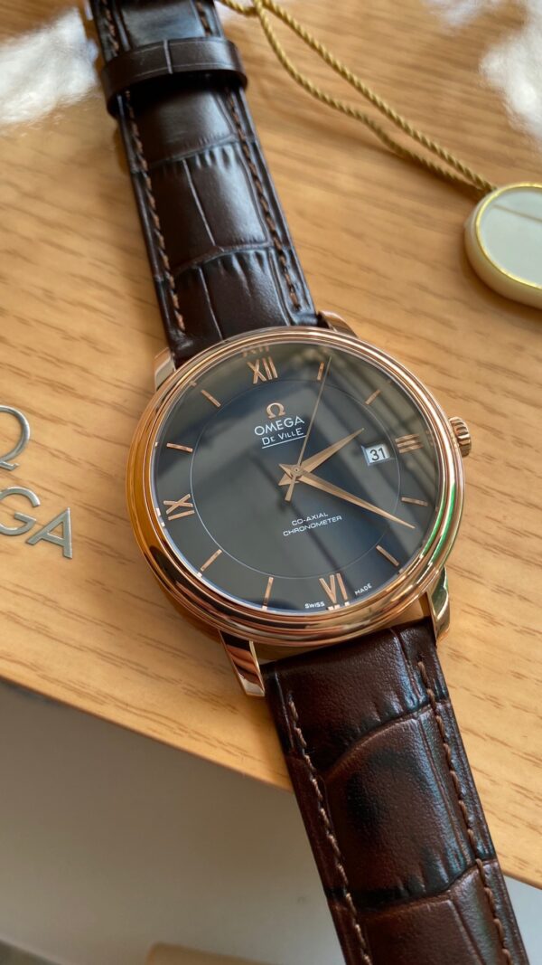 OMEGA De Ville Prestige 39.5mm RG A+ Factory 1:1 Best Edition Blue Dial RG Markers on Brown Leather Strap A2500 - Best Replica Watches Store For Sale!