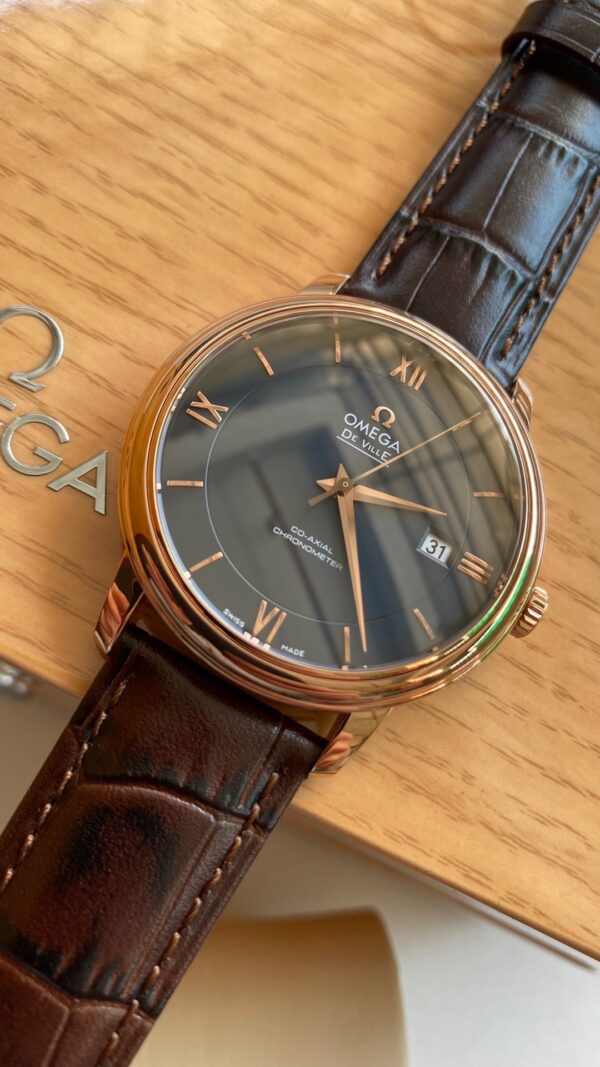 OMEGA De Ville Prestige 39.5mm RG/SS A+ Factory 1:1 Best Edition Blue Dial RG Markers on Brown Leather Strap A2500 - Best Replica Watches Store For Sale!