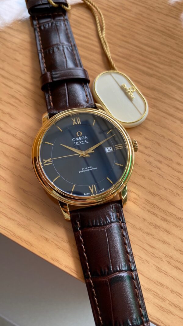 OMEGA De Ville Prestige 39.5mm YG/SS A+ Factory 1:1 Best Edition Blue Dial YG Markers on Brown Leather Strap A2500 - Best Replica Watches Store For Sale!