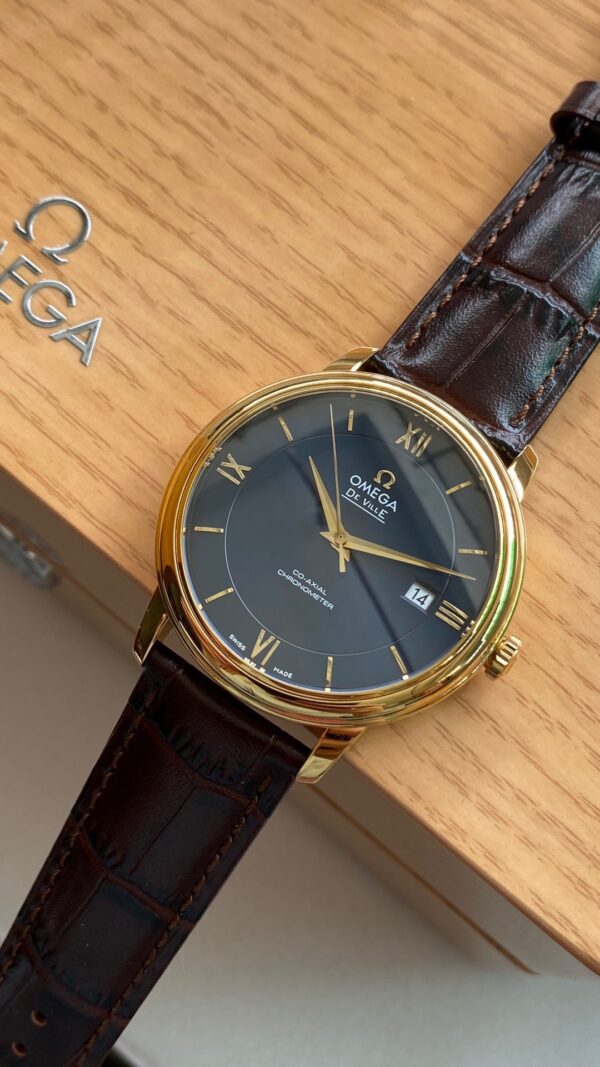 OMEGA De Ville Prestige 39.5mm YG/SS A+ Factory 1:1 Best Edition Blue Dial YG Markers on Brown Leather Strap A2500 - Best Replica Watches Store For Sale!