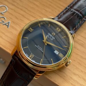OMEGA De Ville Prestige 39.5mm YG/SS A+ Factory 1:1 Best Edition Blue Dial YG Markers on Brown Leather Strap A2500 - Best Replica Watches Store For Sale!