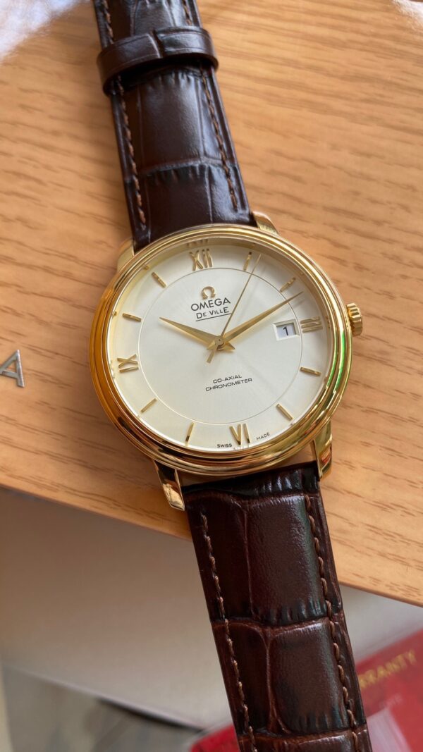 OMEGA De Ville Prestige 39.5mm YG A+ Factory 1:1 Best Edition Wite Dial YG Markers on Brown Leather Strap A2500 - Best Replica Watches Store For Sale!