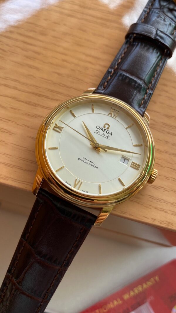 OMEGA De Ville Prestige 39.5mm YG A+ Factory 1:1 Best Edition Wite Dial YG Markers on Brown Leather Strap A2500 - Best Replica Watches Store For Sale!
