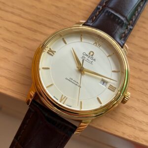 OMEGA De Ville Prestige 39.5mm YG A+ Factory 1:1 Best Edition Wite Dial YG Markers on Brown Leather Strap A2500 - Best Replica Watches Store For Sale!