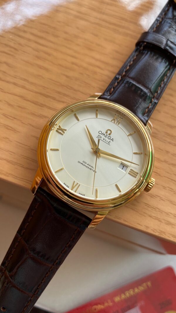 OMEGA De Ville Prestige 39.5mm YG A+ Factory 1:1 Best Edition Wite Dial YG Markers on Brown Leather Strap A2500 - Best Replica Watches Store For Sale!