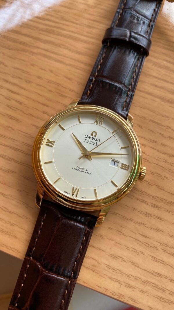 OMEGA De Ville Prestige 39.5mm YG A+ Factory 1:1 Best Edition Wite Dial YG Markers on Brown Leather Strap A2500 - Best Replica Watches Store For Sale!