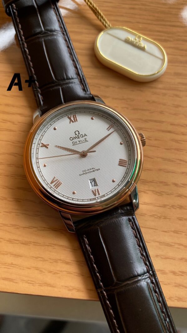 OMEGA De Ville Prestige 39.5mm RG/SS A+ Factory 1:1 Best Edition White Granular Dial RG Markers on Black Leather Strap A2500 - Best Replica Watches Store For Sale!