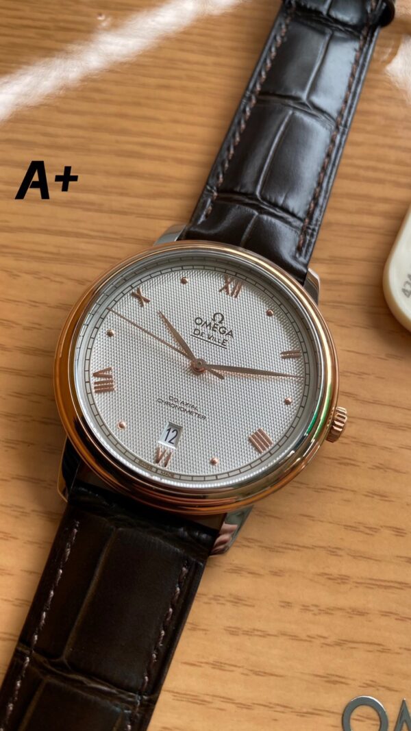 OMEGA De Ville Prestige 39.5mm RG/SS A+ Factory 1:1 Best Edition White Granular Dial RG Markers on Black Leather Strap A2500 - Best Replica Watches Store For Sale!