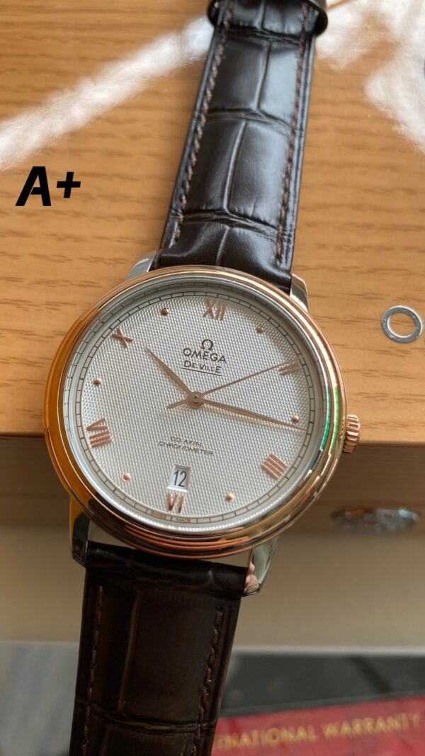 OMEGA De Ville Prestige 39.5mm RG/SS A+ Factory 1:1 Best Edition White Granular Dial RG Markers on Black Leather Strap A2500 - Best Replica Watches Store For Sale!