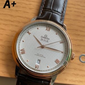 OMEGA De Ville Prestige 39.5mm RG/SS A+ Factory 1:1 Best Edition White Granular Dial RG Markers on Black Leather Strap A2500 - Best Replica Watches Store For Sale!