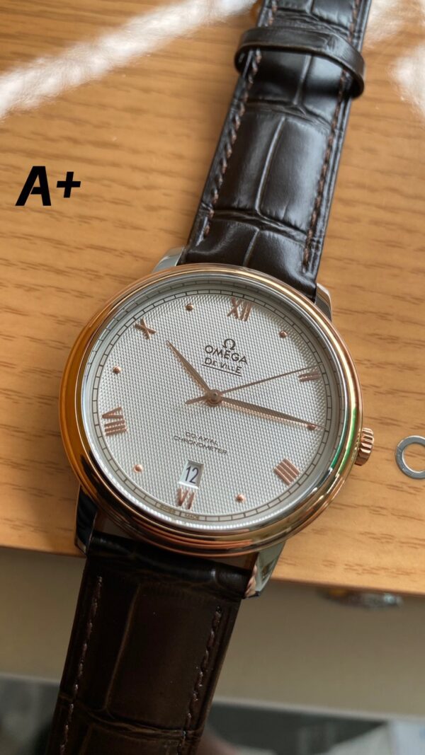 OMEGA De Ville Prestige 39.5mm RG/SS A+ Factory 1:1 Best Edition White Granular Dial RG Markers on Black Leather Strap A2500 - Best Replica Watches Store For Sale!