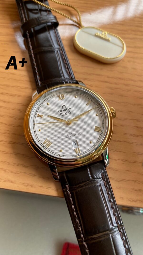 OMEGA De Ville Prestige 39.5mm YG/SS A+ Factory 1:1 Best Edition White Diamond-shaped Dial YG Markers on Black Leather Strap A2500 - Best Replica Watches Store For Sale!