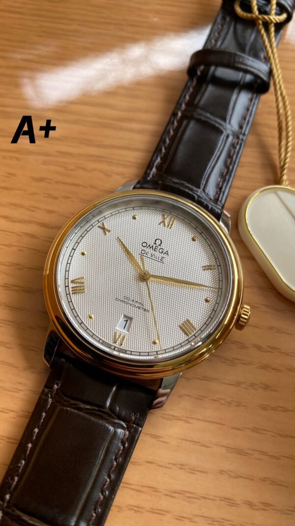 OMEGA De Ville Prestige 39.5mm YG/SS A+ Factory 1:1 Best Edition White Diamond-shaped Dial YG Markers on Black Leather Strap A2500 - Best Replica Watches Store For Sale!