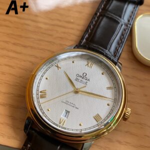 OMEGA De Ville Prestige 39.5mm YG/SS A+ Factory 1:1 Best Edition White Diamond-shaped Dial YG Markers on Black Leather Strap A2500 - Best Replica Watches Store For Sale!
