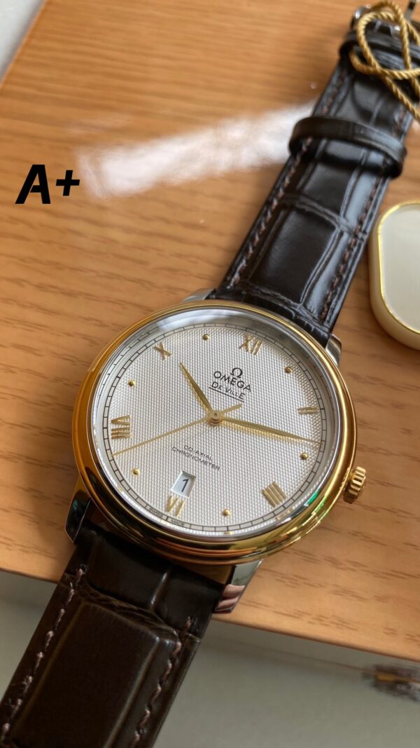 OMEGA De Ville Prestige 39.5mm YG/SS A+ Factory 1:1 Best Edition White Diamond-shaped Dial YG Markers on Black Leather Strap A2500 - Best Replica Watches Store For Sale!