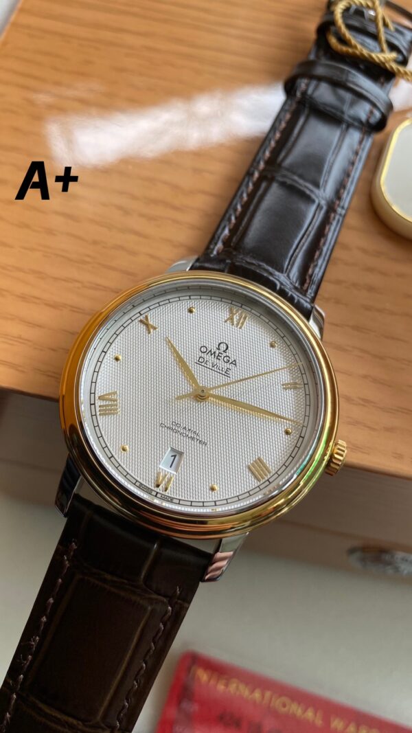 OMEGA De Ville Prestige 39.5mm YG/SS A+ Factory 1:1 Best Edition White Diamond-shaped Dial YG Markers on Black Leather Strap A2500 - Best Replica Watches Store For Sale!