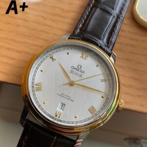 OMEGA De Ville Prestige 39.5mm RG/SS A+ Factory 1:1 Best Edition White Granular Dial YG Markers on Black Leather Strap A2500 - Best Replica Watches Store For Sale!