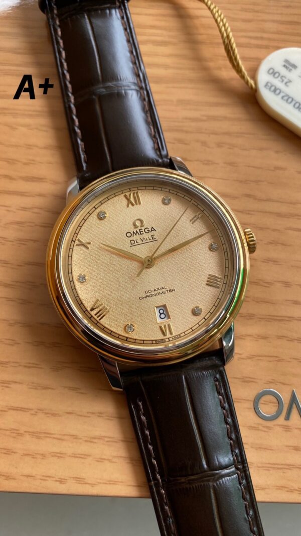 OMEGA De Ville Prestige 39.5mm YG/SS A+ Factory 1:1 Best Edition Yellow Granular Dial YG Markers on Black Leather Strap A2500 - Best Replica Watches Store For Sale!