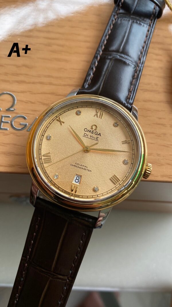 OMEGA De Ville Prestige 39.5mm YG/SS A+ Factory 1:1 Best Edition Yellow Granular Dial YG Markers on Black Leather Strap A2500 - Best Replica Watches Store For Sale!