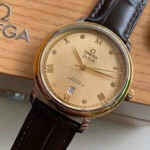 OMEGA De Ville Prestige 39.5mm YG/SS A+ Factory 1:1 Best Edition Yellow Granular Dial YG Markers on Black Leather Strap A2500 - Best Replica Watches Store For Sale!