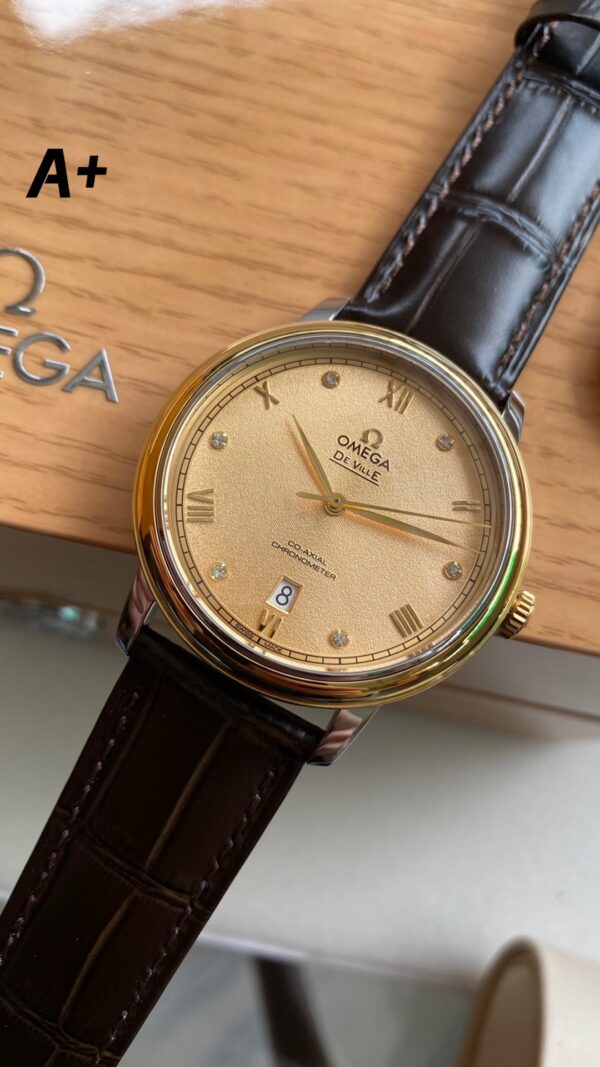 OMEGA De Ville Prestige 39.5mm YG/SS A+ Factory 1:1 Best Edition Yellow Granular Dial YG Markers on Black Leather Strap A2500 - Best Replica Watches Store For Sale!