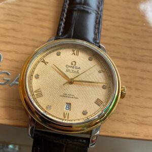 OMEGA De Ville Prestige 39.5mm YG/SS A+ Factory 1:1 Best Edition Yellow Granular Dial YG Markers on Black Leather Strap A2500 - Best Replica Watches Store For Sale!
