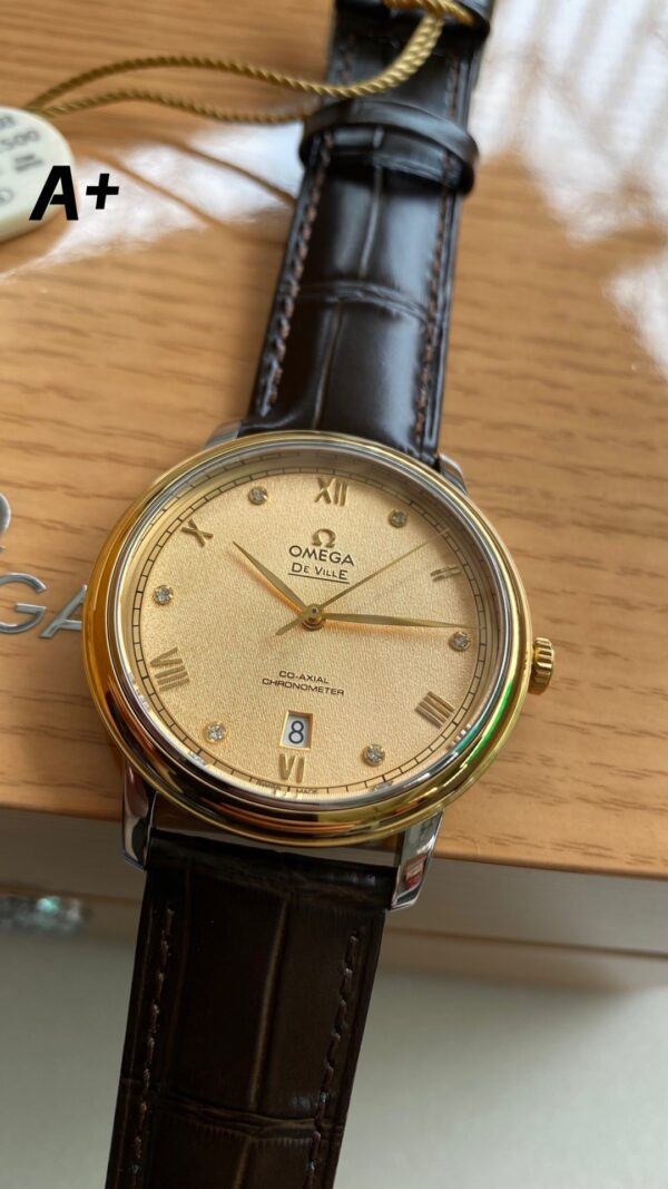 OMEGA De Ville Prestige 39.5mm YG/SS A+ Factory 1:1 Best Edition Yellow Granular Dial YG Markers on Black Leather Strap A2500 - Best Replica Watches Store For Sale!