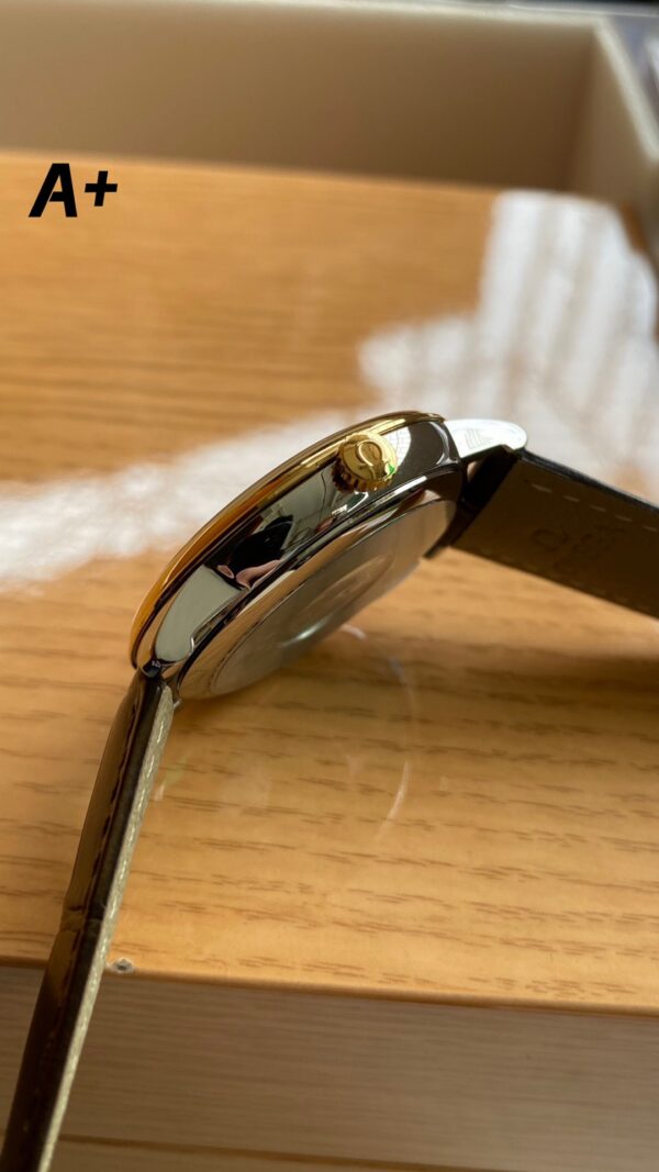 OMEGA De Ville Prestige 39.5mm YG/SS A+ Factory 1:1 Best Edition Yellow Granular Dial YG Markers on Black Leather Strap A2500 - Best Replica Watches Store For Sale!