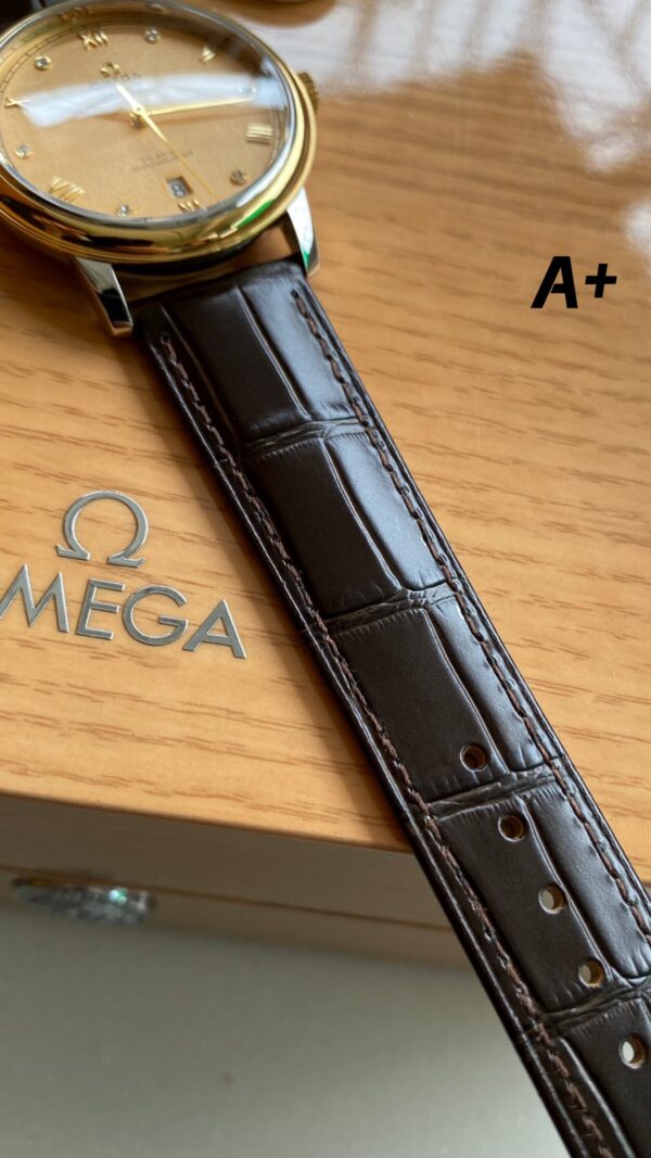 OMEGA De Ville Prestige 39.5mm YG/SS A+ Factory 1:1 Best Edition Yellow Granular Dial YG Markers on Black Leather Strap A2500 - Best Replica Watches Store For Sale!