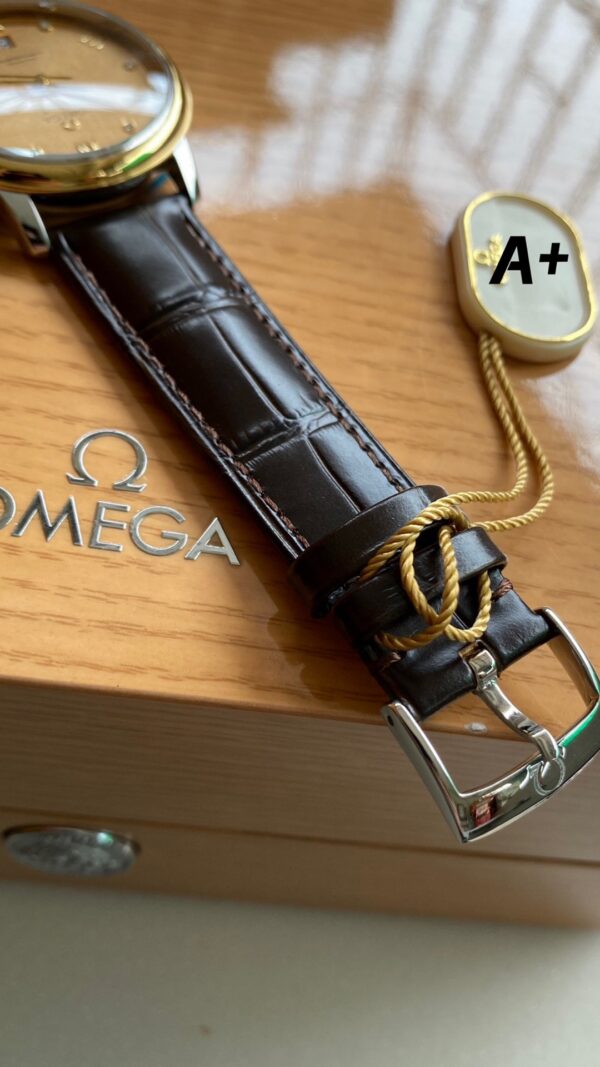 OMEGA De Ville Prestige 39.5mm YG/SS A+ Factory 1:1 Best Edition Yellow Granular Dial YG Markers on Black Leather Strap A2500 - Best Replica Watches Store For Sale!