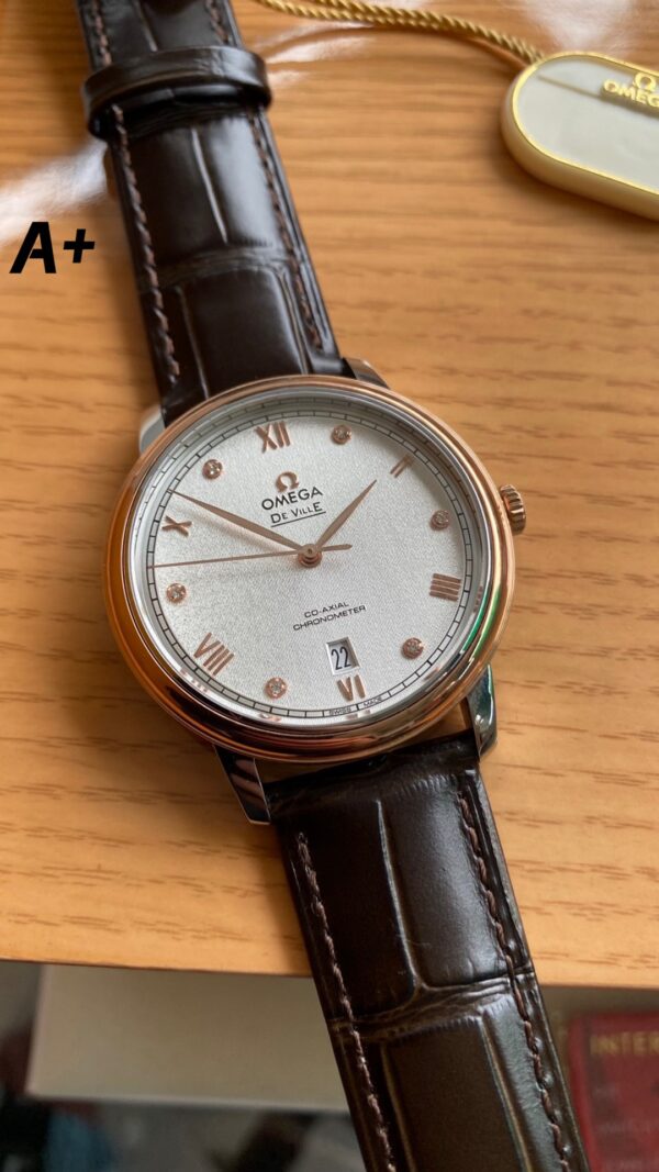 OMEGA De Ville Prestige 39.5mm RG/SS A+ Factory 1:1 Best Edition White Granular Dial RG Markers on Black Leather Strap A2500 - Best Replica Watches Store For Sale!