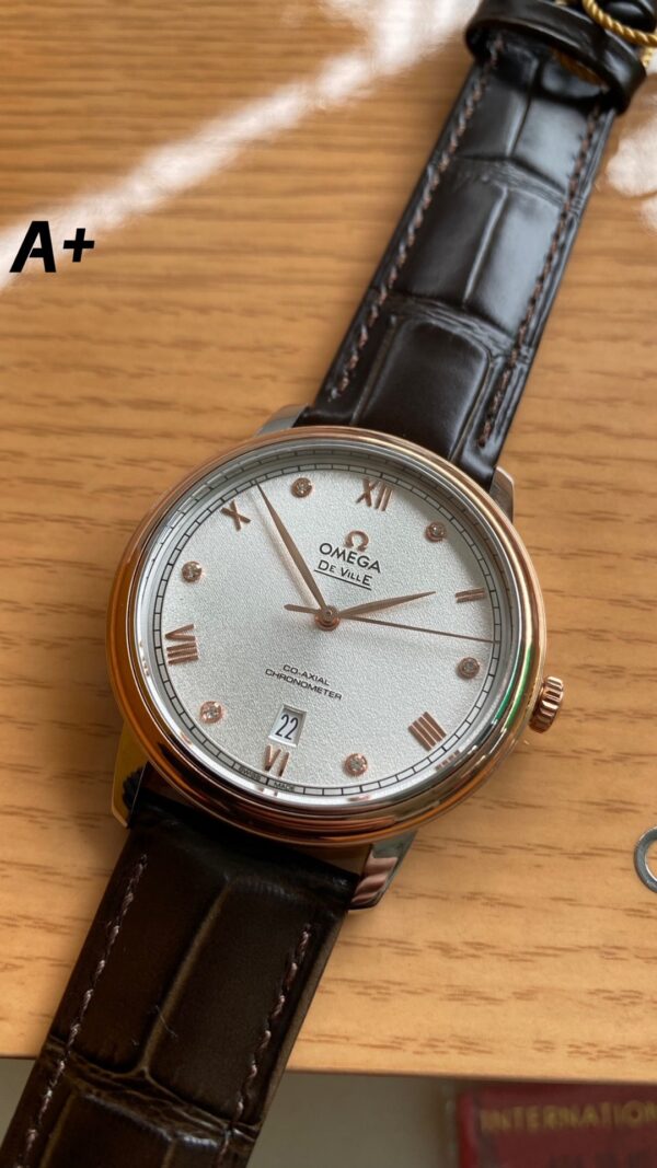 OMEGA De Ville Prestige 39.5mm RG/SS A+ Factory 1:1 Best Edition White Granular Dial RG Markers on Black Leather Strap A2500 - Best Replica Watches Store For Sale!