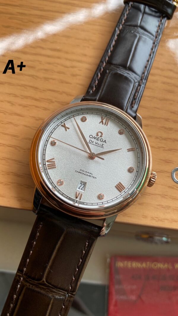 OMEGA De Ville Prestige 39.5mm RG/SS A+ Factory 1:1 Best Edition White Granular Dial RG Markers on Black Leather Strap A2500 - Best Replica Watches Store For Sale!