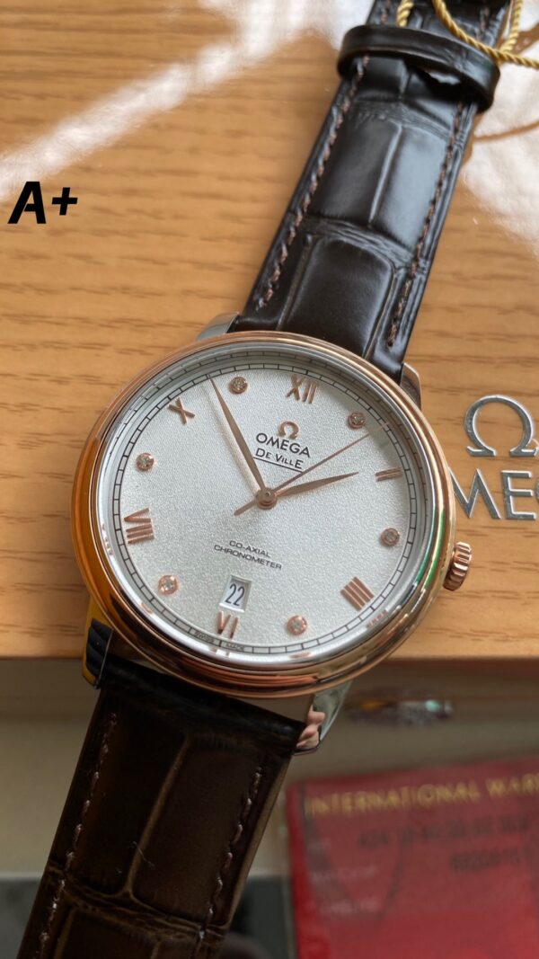 OMEGA De Ville Prestige 39.5mm RG/SS A+ Factory 1:1 Best Edition White Granular Dial RG Markers on Black Leather Strap A2500 - Best Replica Watches Store For Sale!