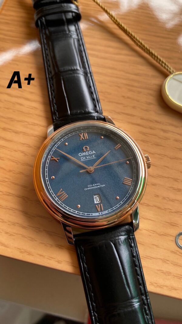OMEGA De Ville Prestige 39.5mm RG/SS A+ Factory 1:1 Best Edition Blue Granular Dial RG Markers on Black Leather Strap A2500 - Best Replica Watches Store For Sale!